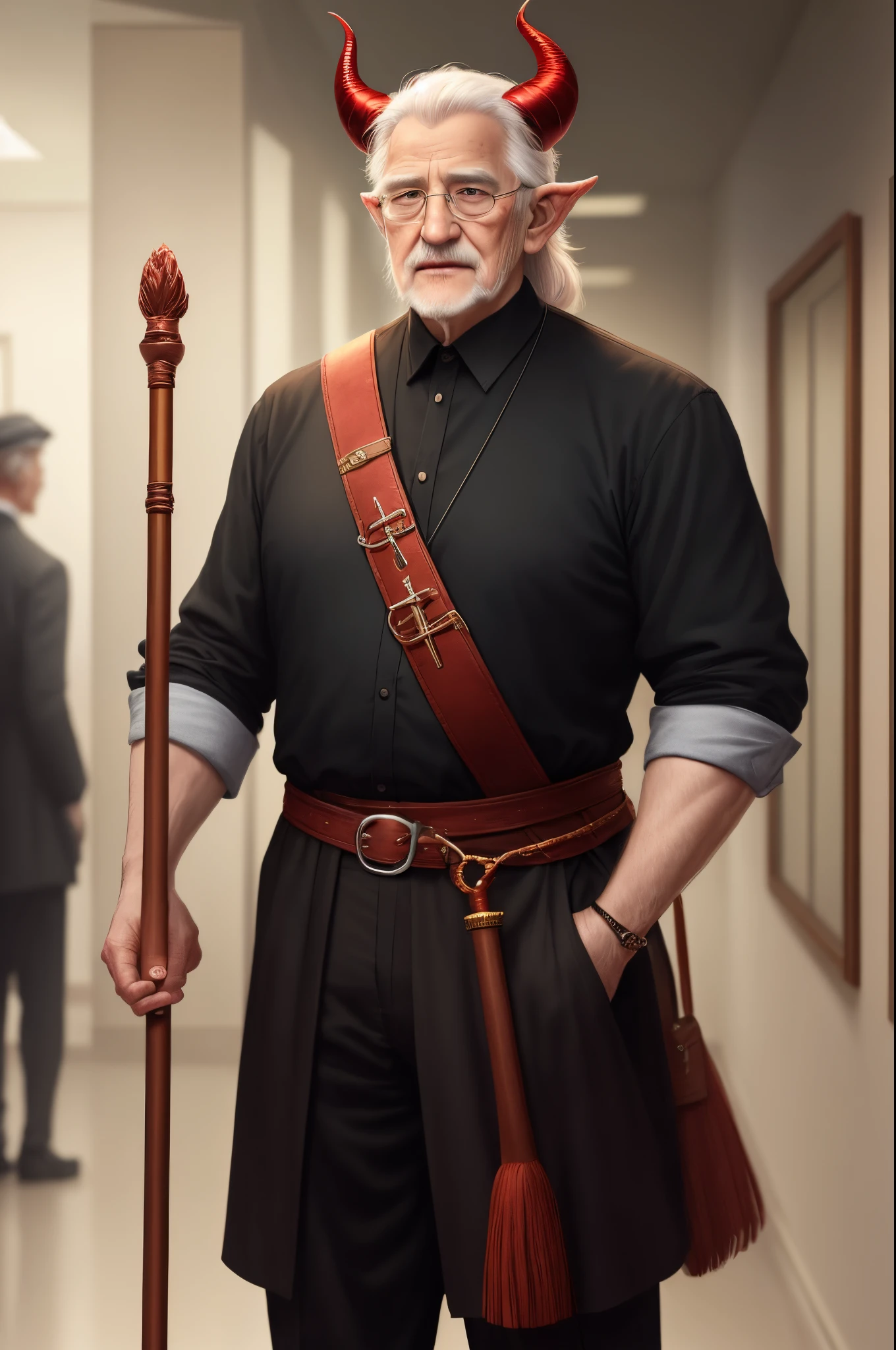 A tall grandfather with red horns and in black clothes with a cane in his hands