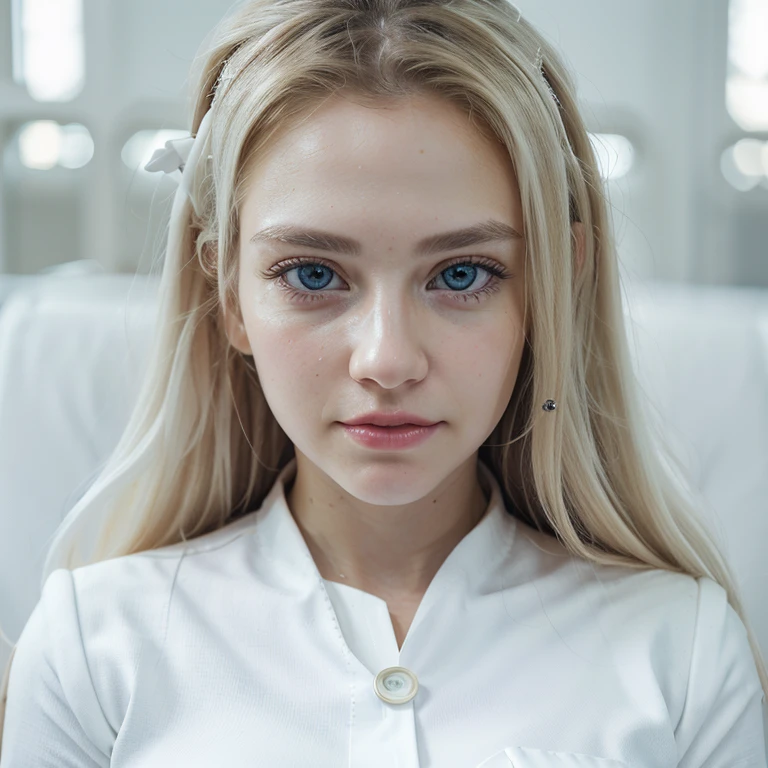 (realistic, photo-realistic:1.4),(8k, RAW photo, best quality, masterpiece:1.2), cute, ultra-detailed,heart-shaped pupils, physically-based rendering, ultra high res, kodakvision color, shot on Arricam LT Camera, bokeh, sharp focus, looking at viewer, photorealistic,realistic, solo, photorealistic, best quality,extremely detailed face,extremely detailed eyes and face, (blond girl,) clear eyes, beautiful detailed eyes,absurdres, incredibly absurdres,(haunting smile),Messy hair, floating hair, round clear big eyes, clear big eyes, moist red lips, sweet, girl, (solo person:1.4),(White business suit:1.4),full body ,White bouquet,No shirt