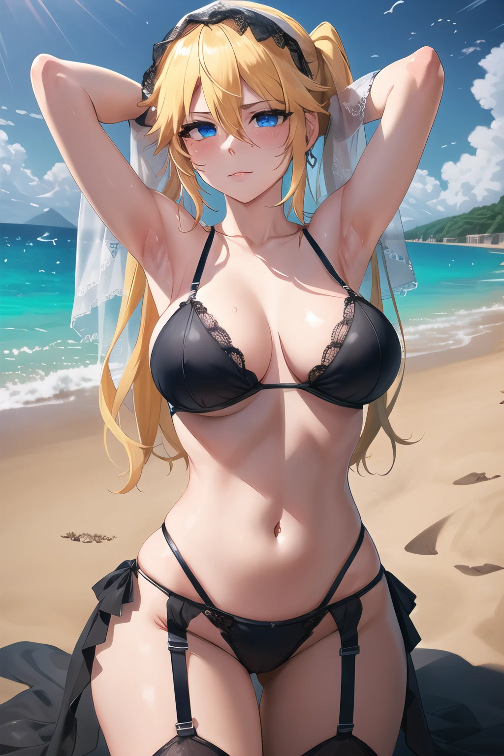 masterpiece, best quality, highres, high_definition, long hair, a beach, 1girl, solo, a woman in a sexy bridal lingerie, white glove, sexy pose, blush, bangs, hair_between_eyes, blue eyes, blond hair, veil, big breasts, very long hair, twintails, red marks in body, full body, arms behind head,