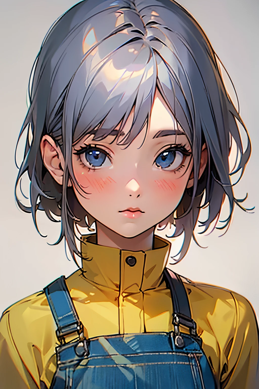 (best quality,4k,8k,highres,masterpiece:1.2),ultra-detailed,(realistic,photorealistic,photo-realistic:1.37),anime style,girl,short silver hair,2d,loli,dressing shorts overalls,sketch art,front point of view,beautiful detailed eyes,beautiful detailed lips,extremely detailed eyes and face,long eyelashes,look at me,deviantart,white background