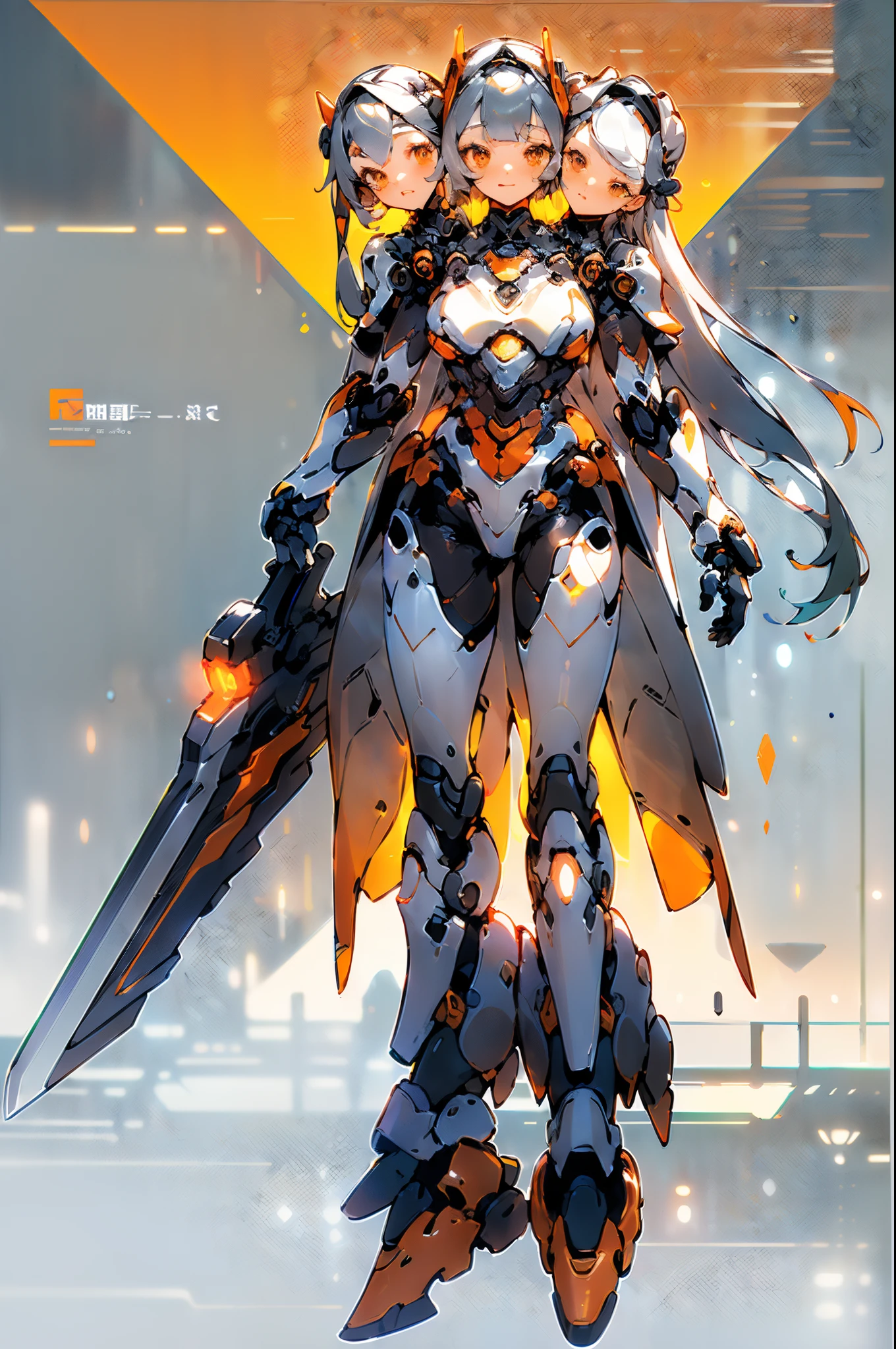 (3heads:1.5), 1girl, masterpiece, High quality, Beautiful wallpaper, Mech warrior, (((A silver girl with long hair wearing an orange mech suit))), solo, The sword, Science fiction theme, Gradient background, Graceful curve, Structure simplification, Detail reduction, The chest armor is orange, The belly armor is black, Structural integration simplification,