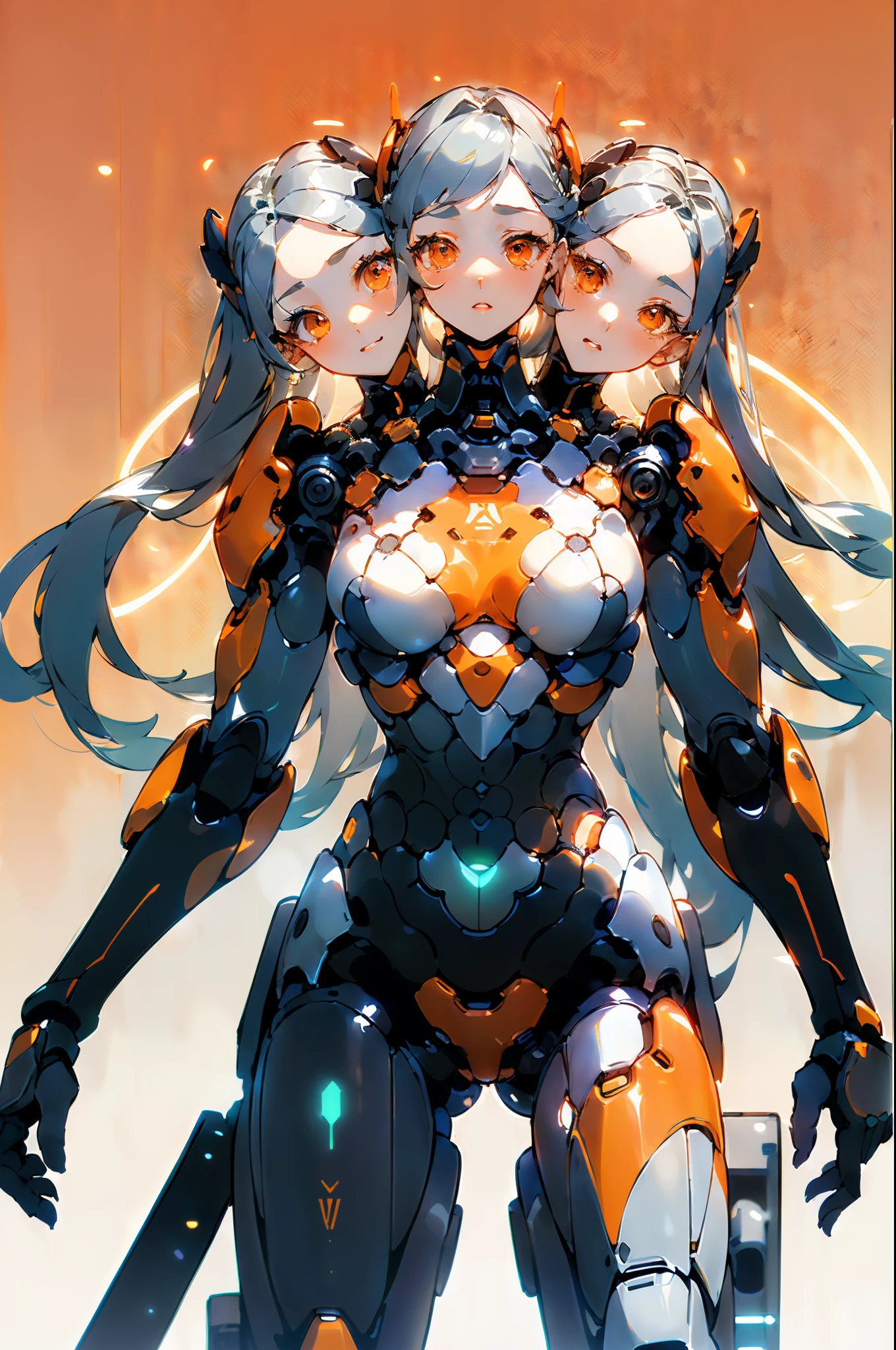 (3heads:1.5), 1girl, masterpiece, High quality, Beautiful wallpaper, Mech warrior, (((A silver girl with long hair wearing an orange mech suit))), solo, The sword, Science fiction theme, Gradient background, Graceful curve, Structure simplification, Detail reduction, The chest armor is orange, The belly armor is black, Structural integration simplification,