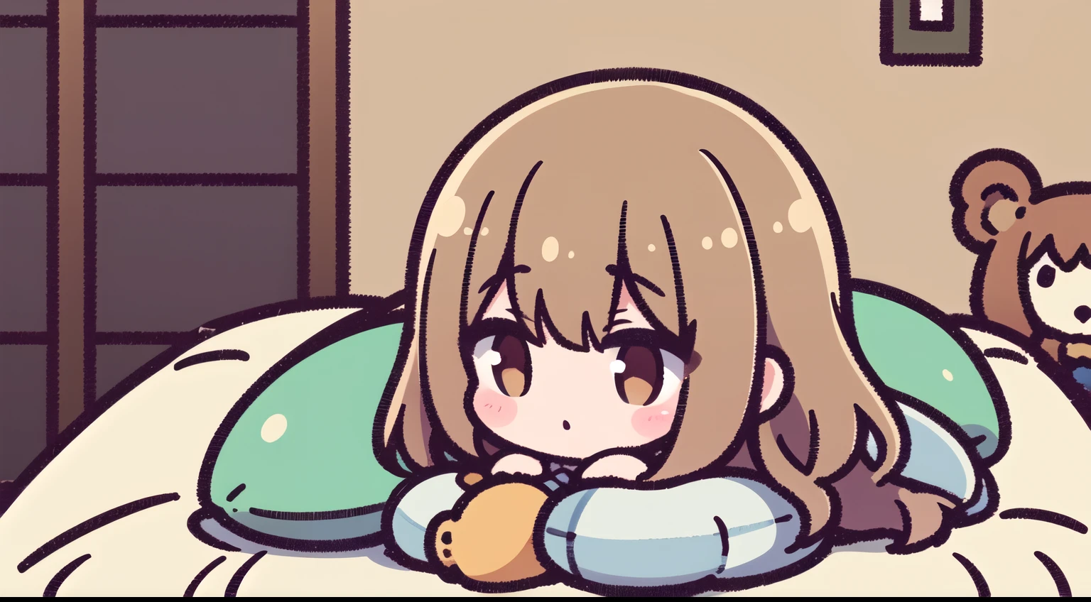 ((master part, best quality)), Create an illustration of a little girl, ((deitada na cama)), dormindo, ((Stuffed animals)), ((corpo inteiro)), uma janela ao fundo
