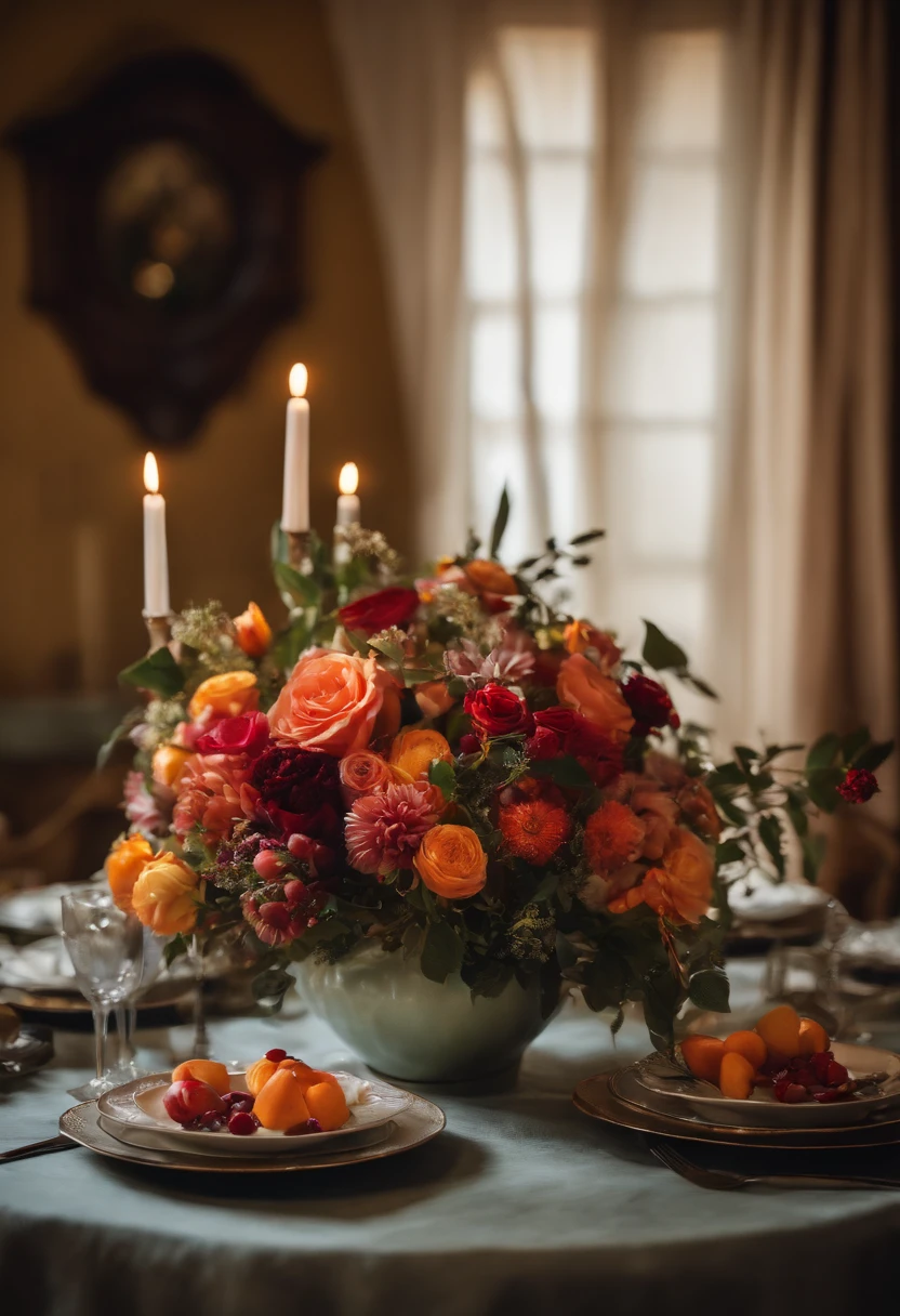 A photo of a beautiful bouquet of flowers on a perfectly set table,original,Overweight, wears fedora, neck beard, bad skin, bloodshot eyes, bad hygiene, greasy hair