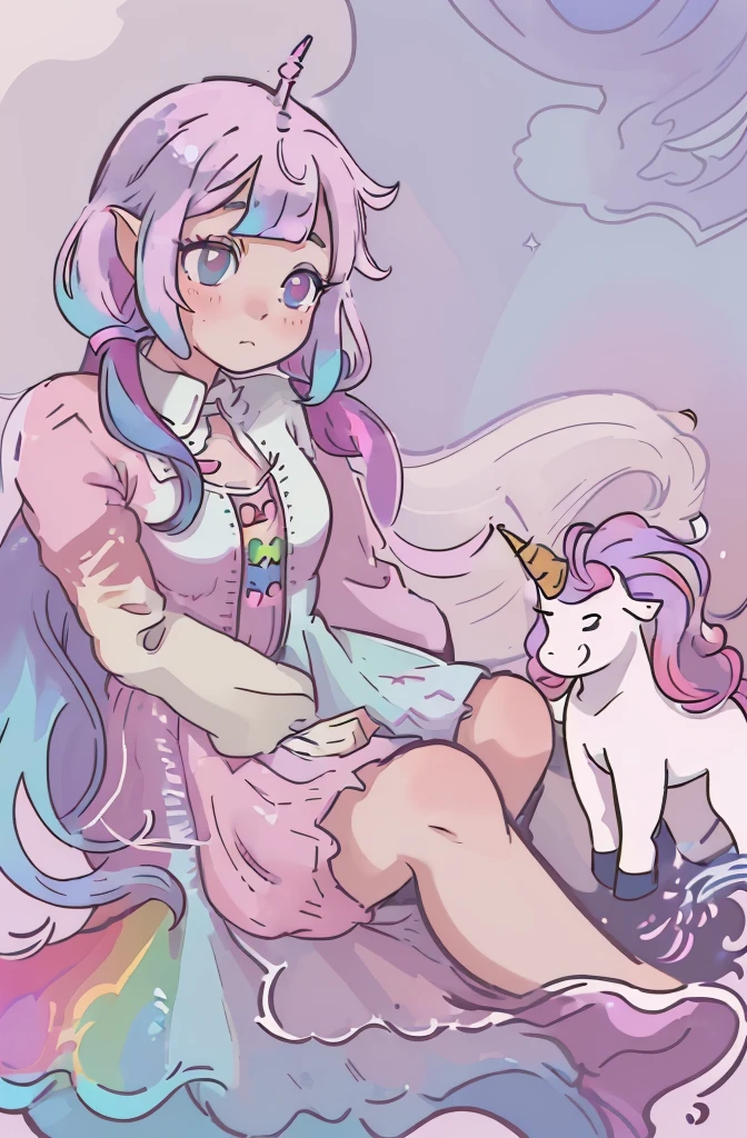 simple background, portraite of a, Girl with two pigtails, Beautiful unicorn girl, Unicorn aesthetic, handsome girl, Fantasy art, Beautiful unicorn girl, Beautiful detailed fantasy, gorgeous rainbow dress, Rainbow color of the sky, Rainbow color theme