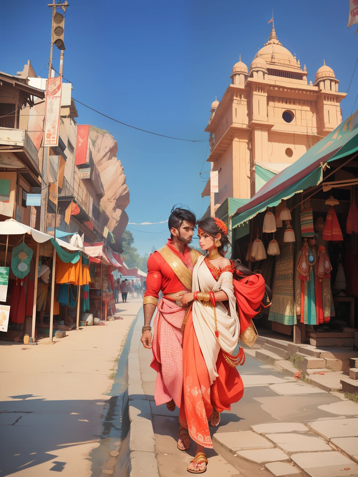 The Rock wearing indian male tradional dress walking with girl in red sari detailed, indian market,
