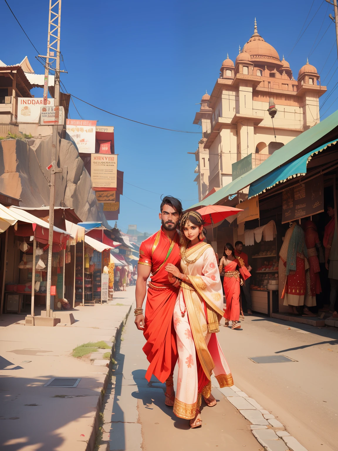 The Rock wearing indian male tradional dress walking with girl in red sari detailed, indian market,