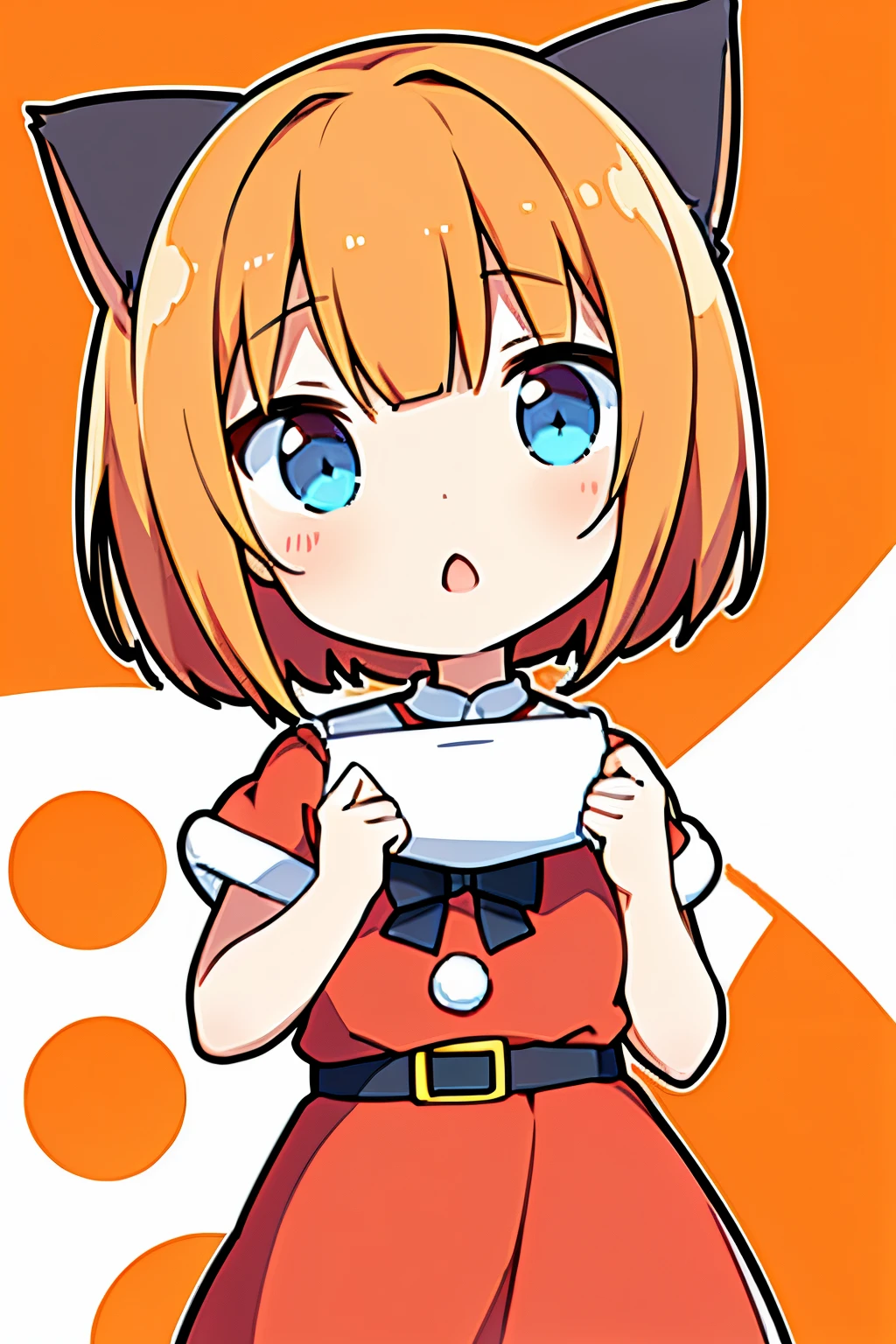 cute anime girl, (cute anime girl dressed as Santa Clous), (cute anime girl with short hair), (cute anime girl with short orange hair), (cute anime girl with blue eyes), (cute anime girl with body full),(cute anime girl with cat ears),(cute anime girl dressed in red and white clothes)