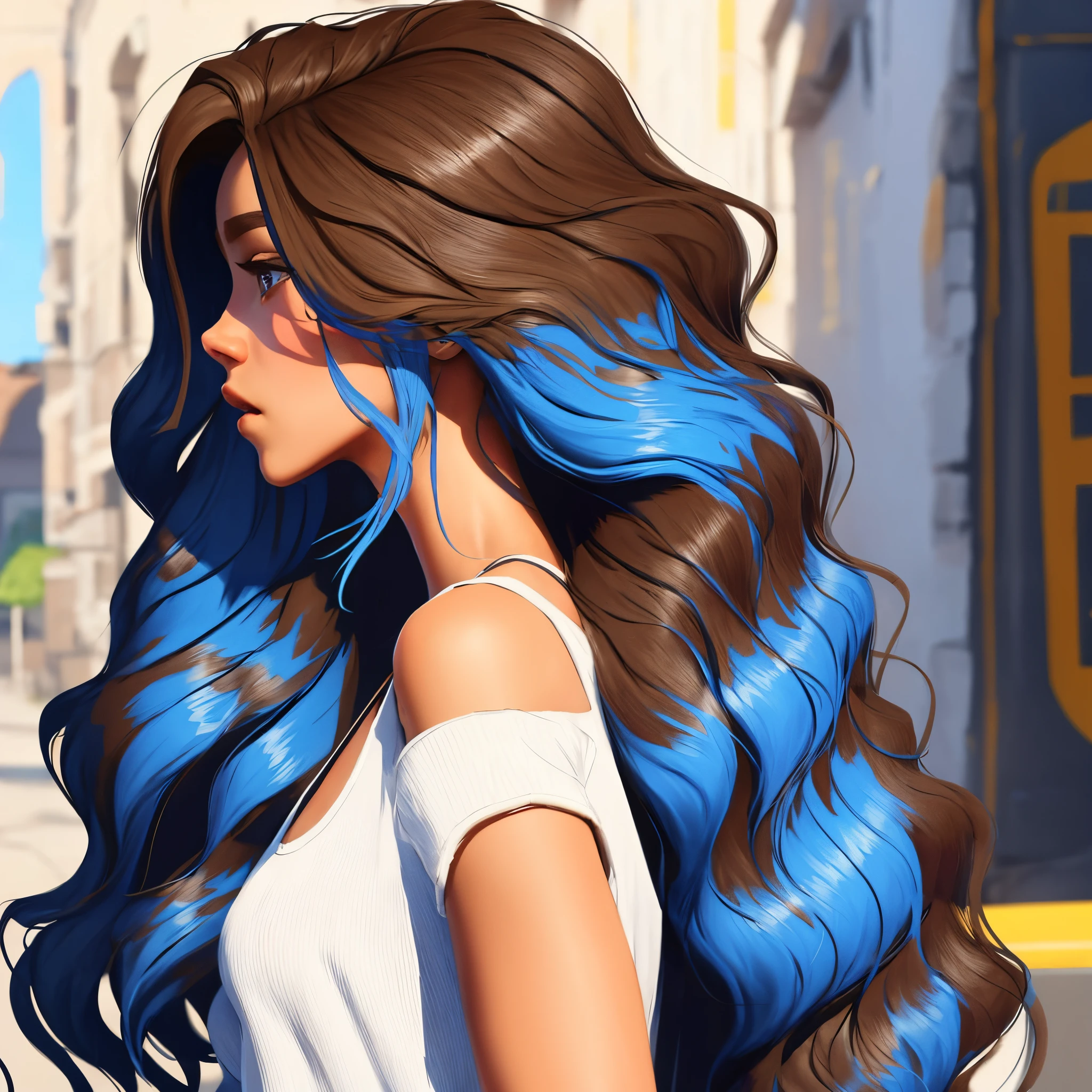 Girl Fortnite skin with long wavy and straigh dark brown hair with hidden blue hair on the back