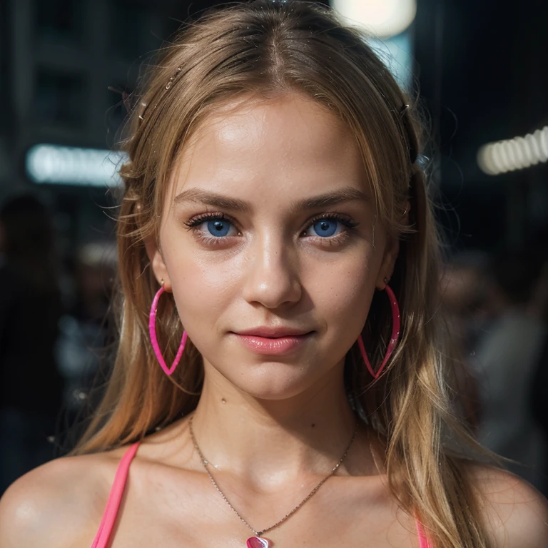 (realistic, photo-realistic:1.4),(8k, RAW photo, best quality, masterpiece:1.2), cute, ultra-detailed,heart-shaped pupils, physically-based rendering, ultra high res, kodakvision color, shot on Arricam LT Camera, bokeh, sharp focus, looking at viewer, photorealistic,realistic, solo, photorealistic, best quality,extremely detailed face,extremely detailed eyes and face, (blond girl,) clear eyes, beautiful detailed eyes,absurdres, incredibly absurdres,(haunting smile),Messy hair, floating hair, round clear big eyes, clear big eyes, moist red lips, sweet, girl, (Fashion night, Dark night, (neon lights sign), (Blurred background), Fashion Street Night),(No one is in the background:1.3), Beautiful earrings, bangle, necklace, Pantyhose, Clear eyes,