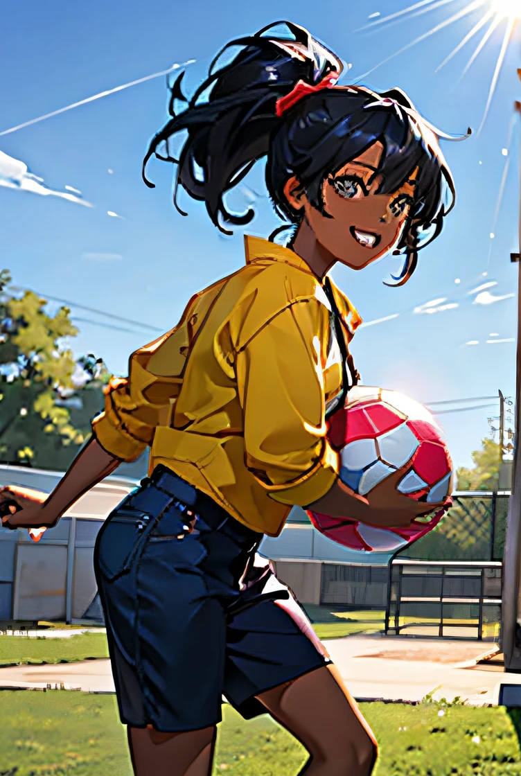 Anime black girl playing with a ball in a backyard, dynamic lighting, vibrant colors, joyful expression, detailed background