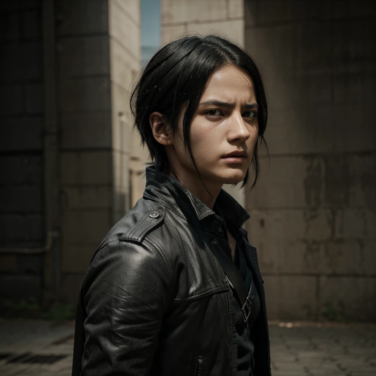 Levi Ackerman, Attack On Titan high quality 4K realism human, face only, 3/4 angle sharp jaw narrow eyes jet black shiny hair, resting face and lean nose.