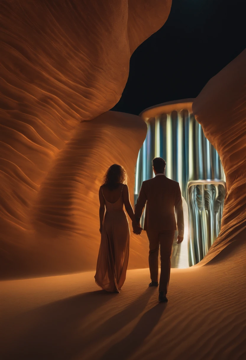 couple, in Diverse beauty’s portrait Doppler effect's Vertical And parallel journey Of desert lights so bright, photorealistic, surreal realism, high quality, UHD, 4k