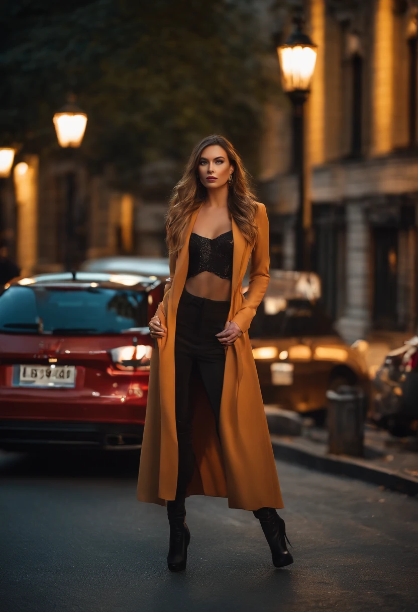 A photo of a stunning female model in an urban street environment, captured from an aerial perspective. The model is wearing a unique, eye-catching designer outfit, striking an impressive pose. The lighting is masterfully crafted to enhance the beauty of the scene, giving it a cinematic still quality. The photograph is professional, high-quality, and photorealistic.