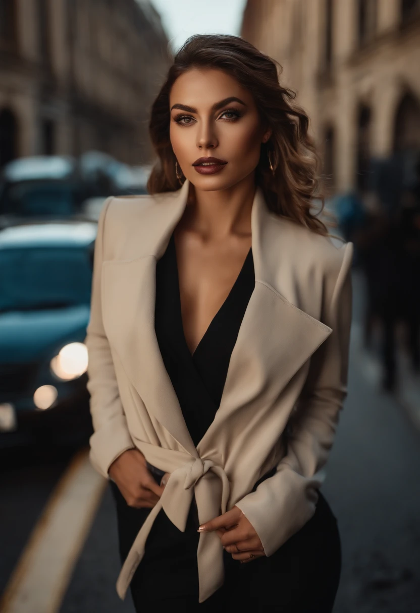 A photo of a stunning female model in an urban street environment, captured from an aerial perspective. The model is wearing a unique, eye-catching designer outfit, striking an impressive pose. The lighting is masterfully crafted to enhance the beauty of the scene, giving it a cinematic still quality. The photograph is professional, high-quality, and photorealistic.