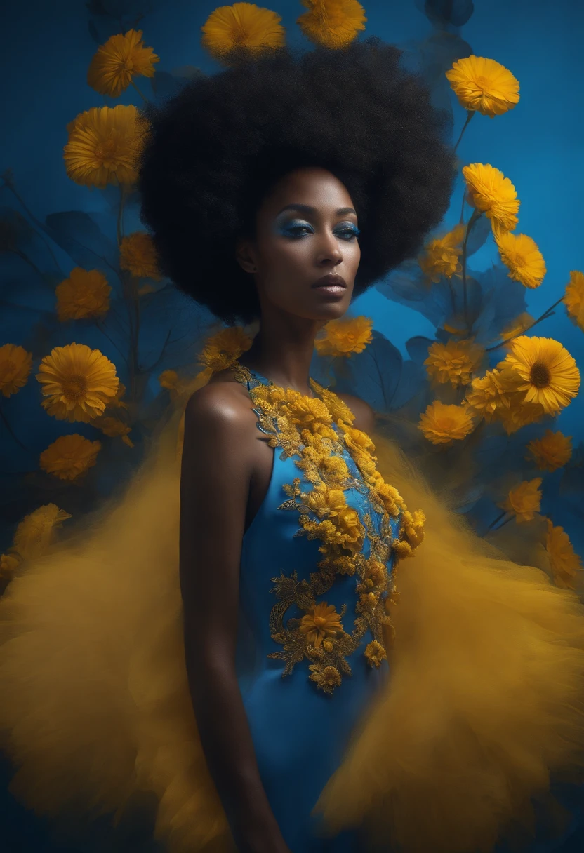 Otherworldly beauty’s cinematic fashion portrait, Mandelbrot selective color ombré, 3D pressed flower art, illusory furniture at dusk, shades of blue and yellow, moody, cinematic still, high quality, UHD, 8k
