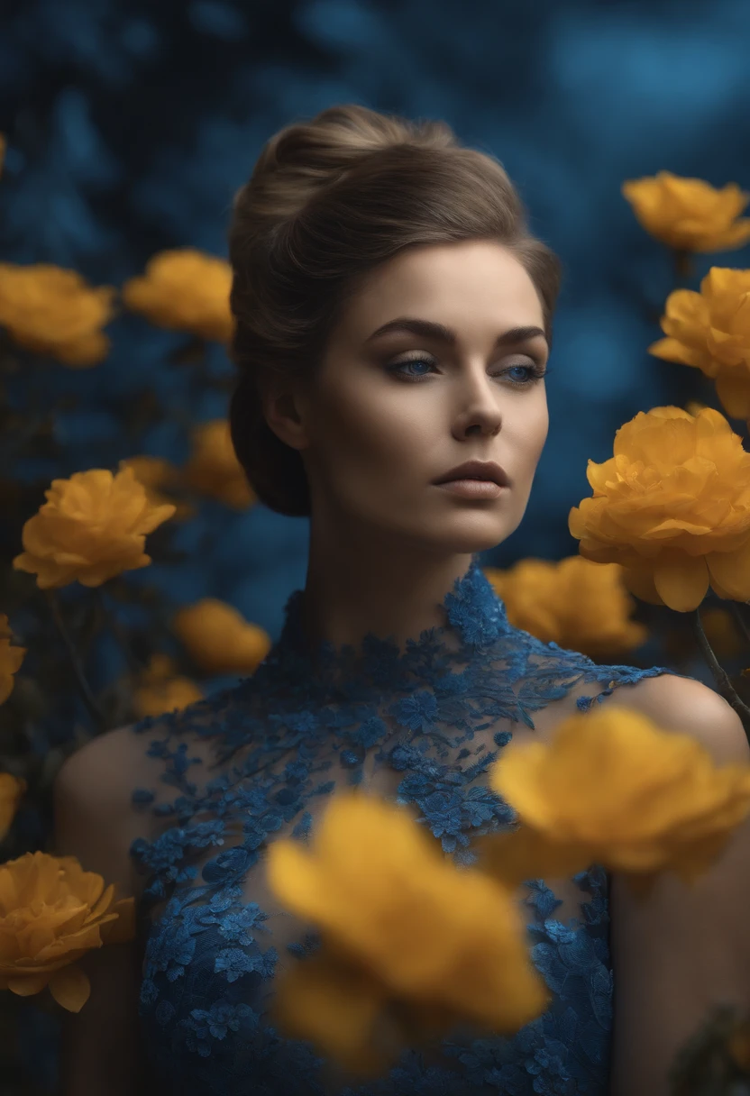 Otherworldly beauty’s cinematic fashion portrait, Mandelbrot selective color ombré, 3D pressed flower art, illusory furniture at dusk, shades of blue and yellow, moody, cinematic still, high quality, UHD, 8k