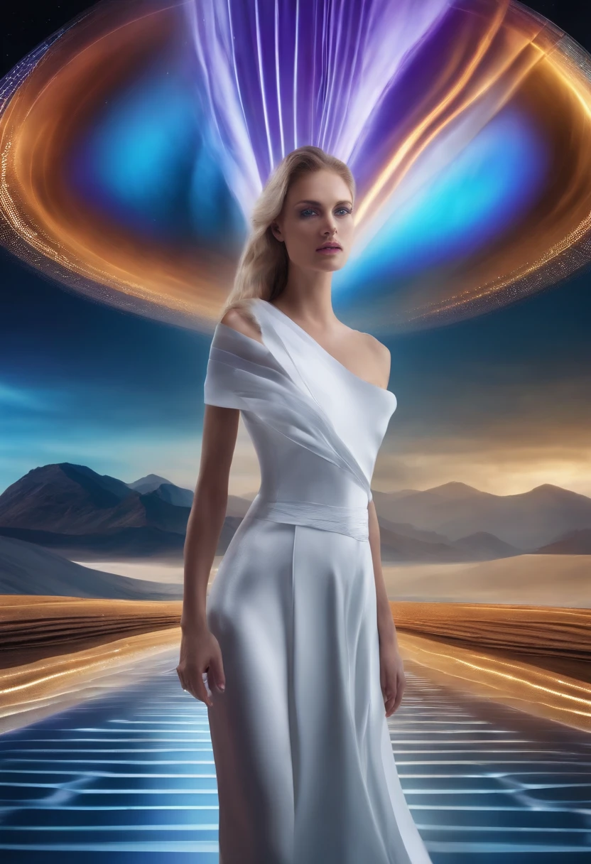Doppler effect in terragen art portrait, wrapping a beautiful fashion model walking down the runway, divine energy mathematical show set apart, high quality, 4k