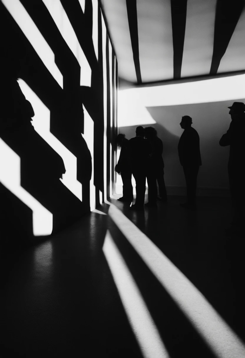 Shadow photography, music band covered in geometric shadow stripes, nostalgic, Kodak Porta, depth of field, 35mm film, ISO of 100, 8k, soft, black and white, high quality
