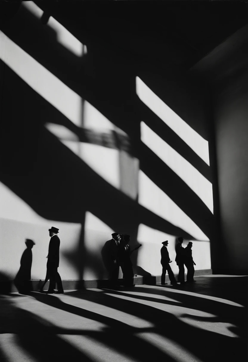 Shadow photography, music band covered in geometric shadow stripes, nostalgic, Kodak Porta, depth of field, 35mm film, ISO of 100, 8k, soft, black and white, high quality