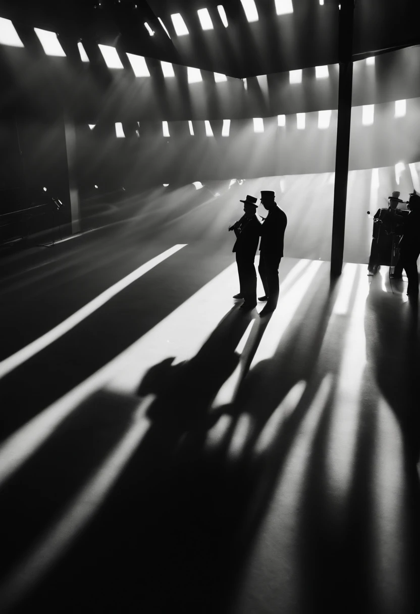 Shadow photography, music band covered in geometric shadow stripes, nostalgic, Kodak Porta, depth of field, 35mm film, ISO of 100, 8k, soft, black and white, high quality