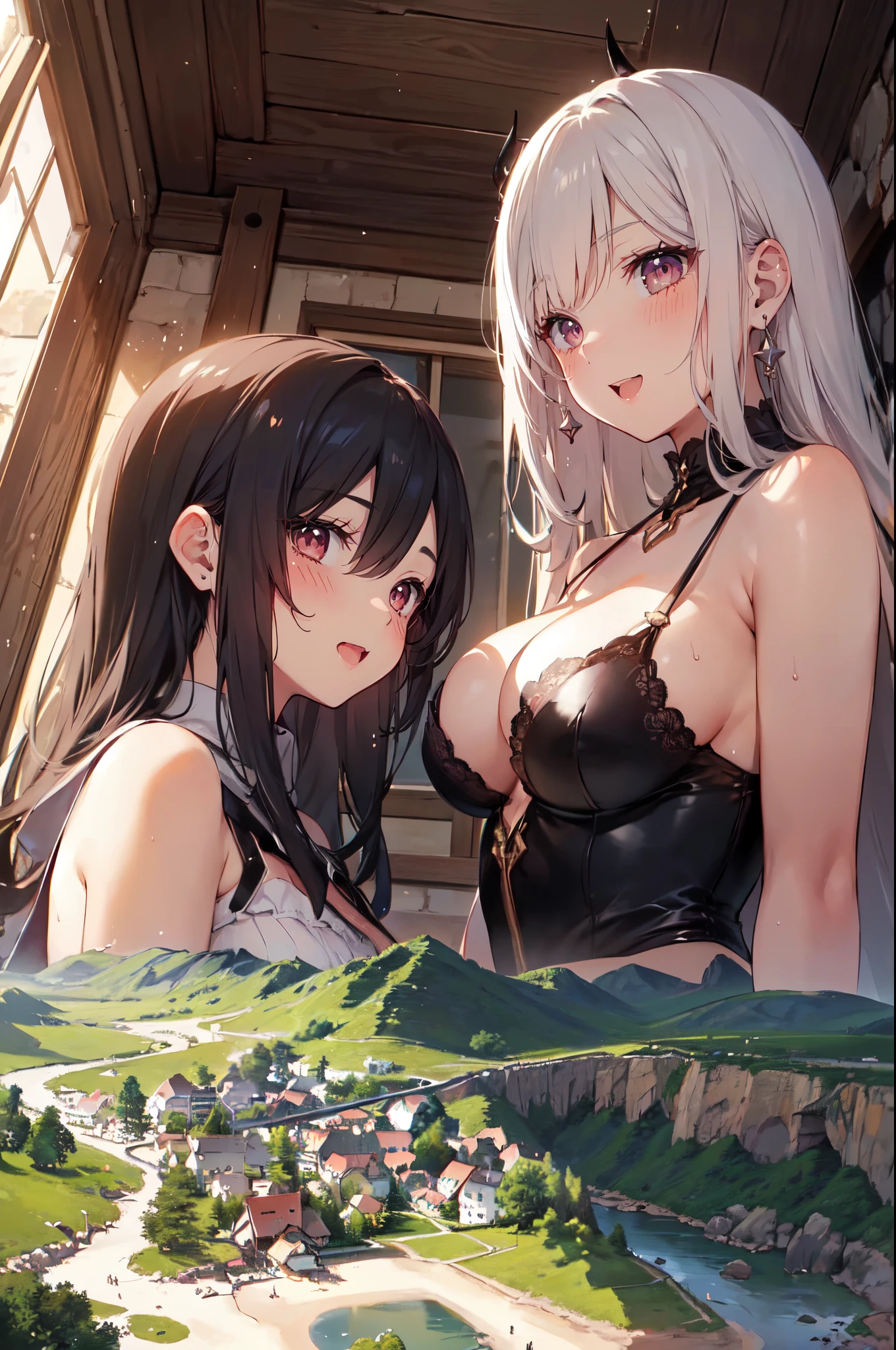 (2girls:1.3), (yuri:1.3), they embrace each other, (height_difference:1.2), cliffs, hills, rivers, mountains
(village from above: 1.2), 
huge (breasts), (tall:1.1), (giantess:1.2), happy, blushing, Demon girl, long tongue, (a tiny village from above: 1.2),  blushing,>:D, happy. :o, shiny skin,  sweaty, horns, demon girl, smug