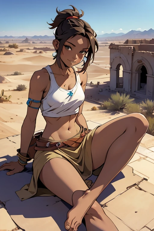 A beautiful barefoot female scavenger woman, bare midriff,, sitting happy on urban ruins in the desert.