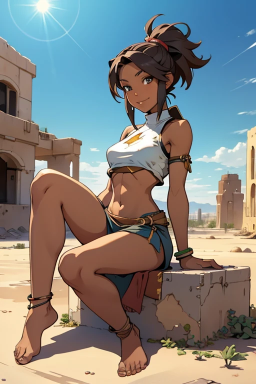 A beautiful barefoot female scavenger woman, bare midriff,, sitting happy on urban ruins in the desert.