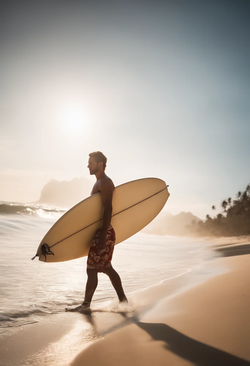 surfer with surfboard walking on the tropical beach, high noon, side view angle, natural tones , soft lighting, fine grain, moderate saturation, focus on accurate skin tones