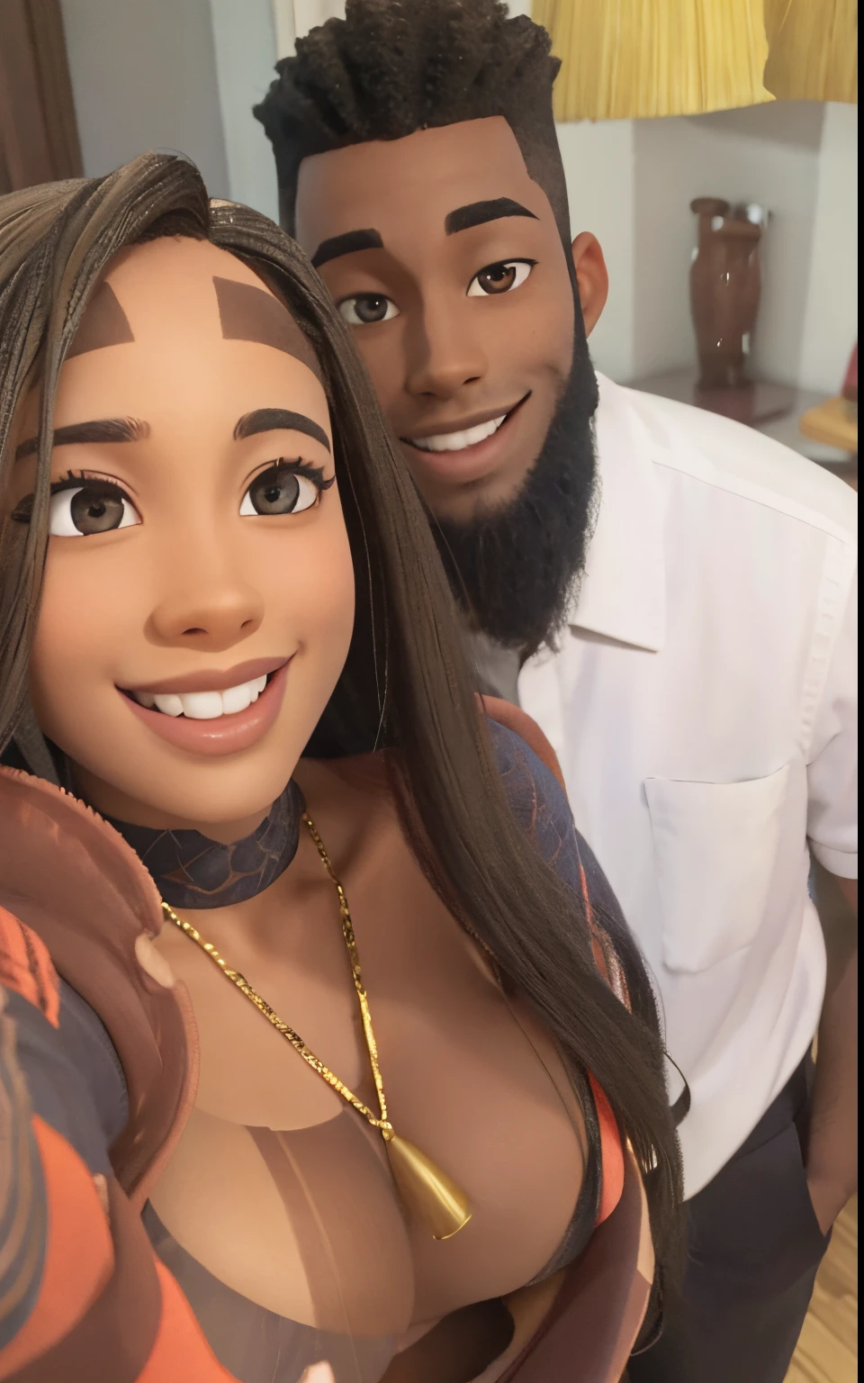 Couple Black dark skin male with gap in teeth smiling with light skin black female smiling