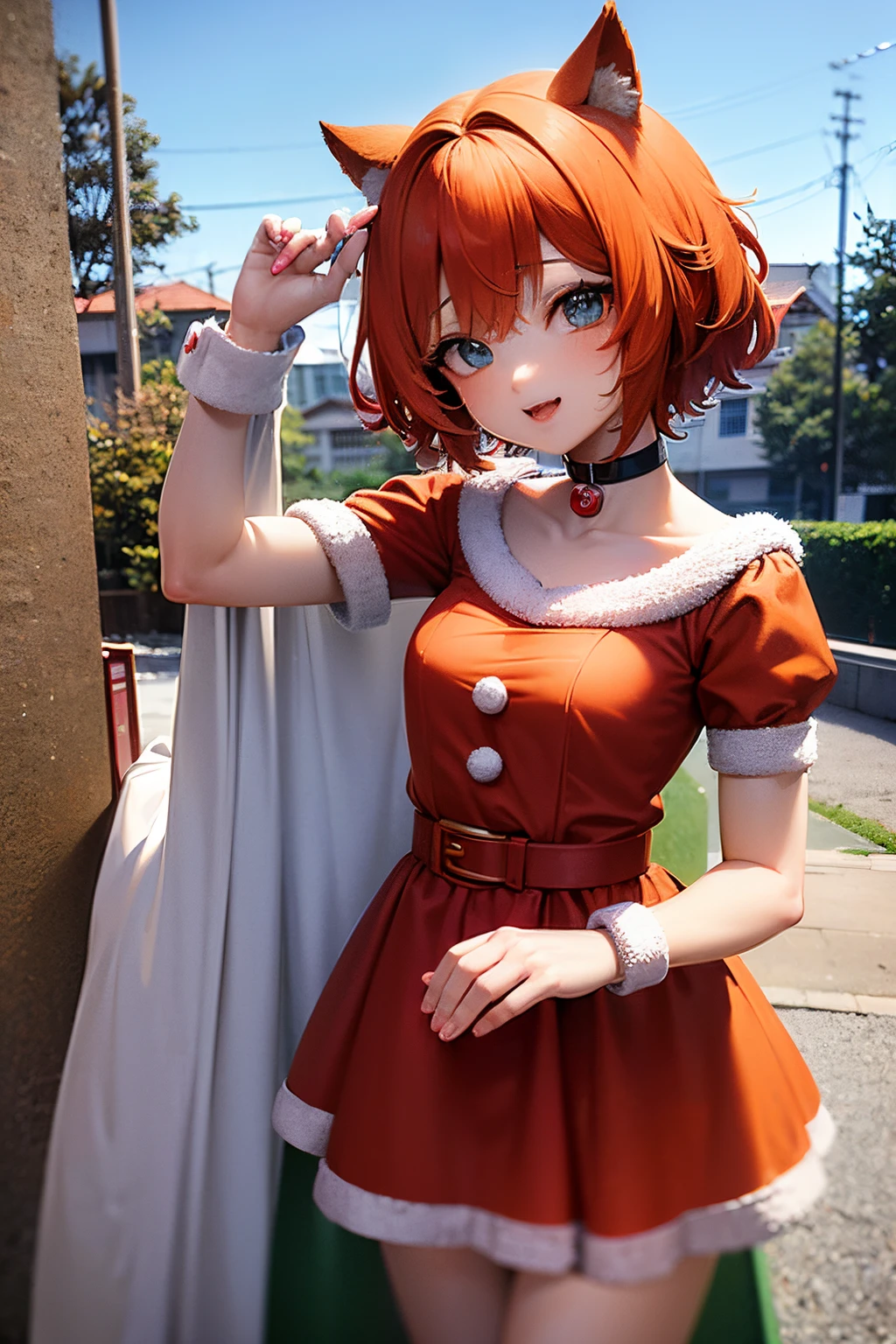 cute anime girl, (cute anime girl dressed as Santa Clous), (cute anime girl with short hair), (cute anime girl with short orange hair), (cute anime girl with blue eyes), (cute anime girl with body full),(cute anime girl with cat ears),(cute anime girl dressed in red and white clothes),(cute anime girl dressed as santa clous in red and white)