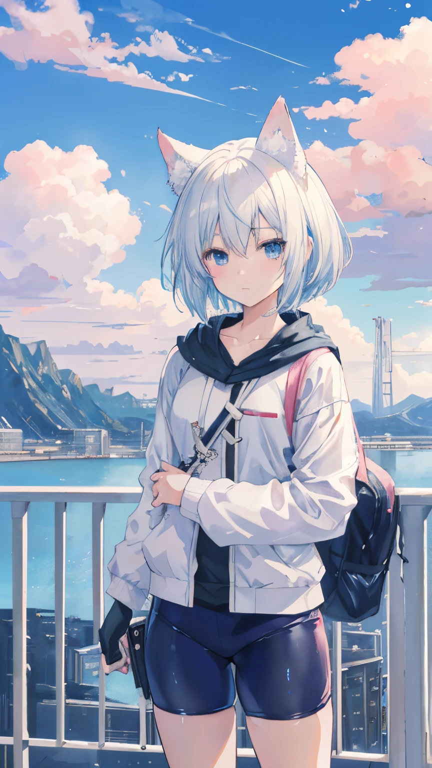 Anime Sky, anime backgrounds, Anime art wallpaper 8 K, anime landscape wallpapers, Anime Cloud, Anime background art, Anime art wallpaper 4 K, Anime art wallpaper 4k, 4K anime wallpaper，In the lower right corner, there is a beautiful girl with short white hair and white silk with animal ears, carrying a gun and a bicycle