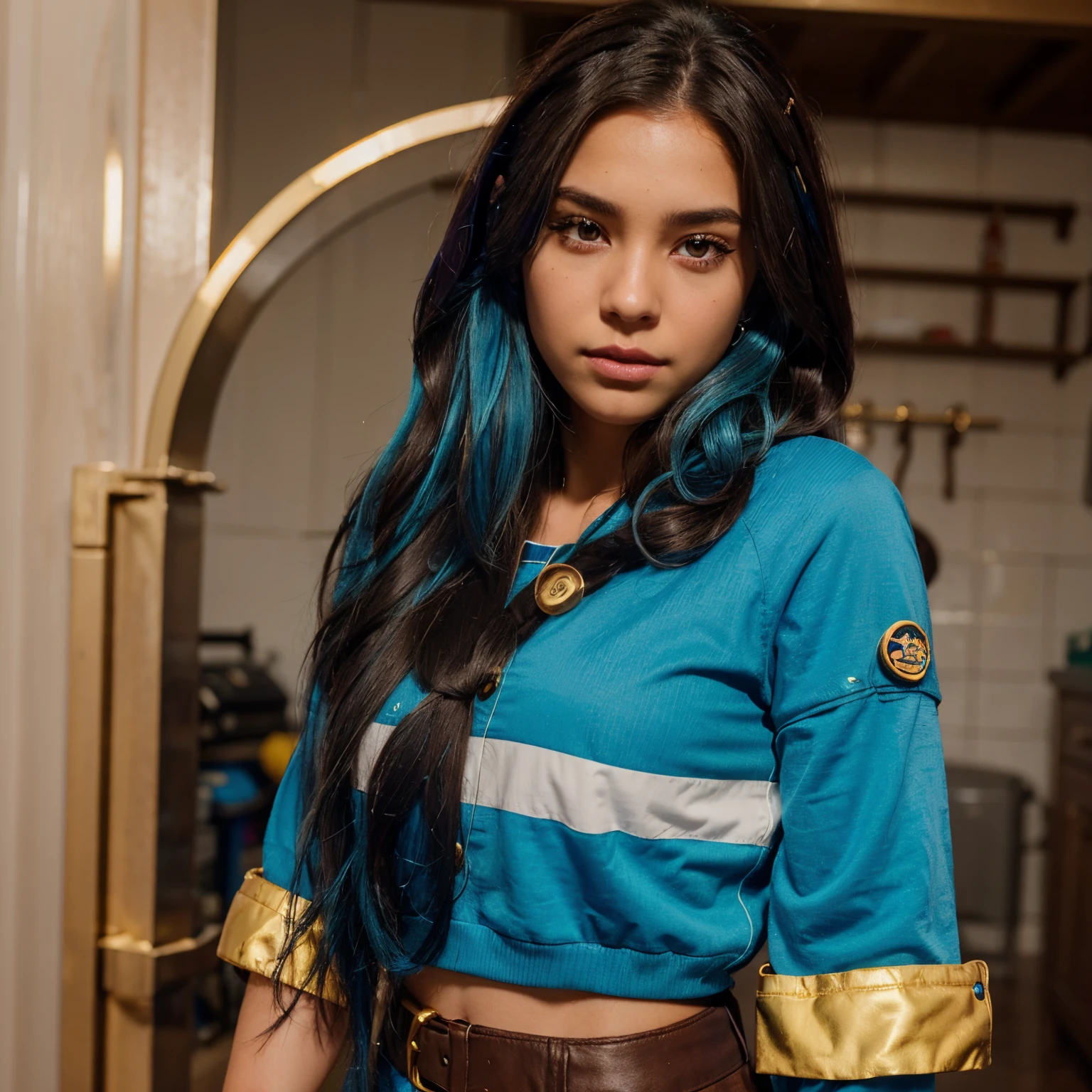 Girl Fortnite skin with long wavy and straight dark brown hair with hidden blue hair on the back, gold hoops, full lips, button nose, mexican