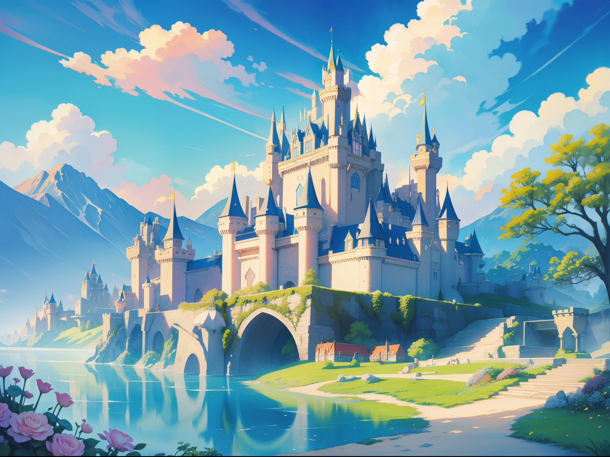 picture book illustration, watercolor storybook illustration, ((princess castle)), ((fairytale castle)), fairytale towers, clouds, vibrant pastel colors, dream, colorful, whimsical, magical, masterpiece, best quality, sharp focus, intricately detailed environment, fine detail, 8k resolution