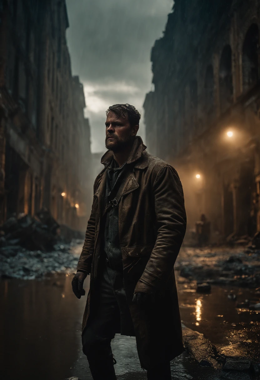 A man in a trench coat standing in a dark alley - SeaArt AI