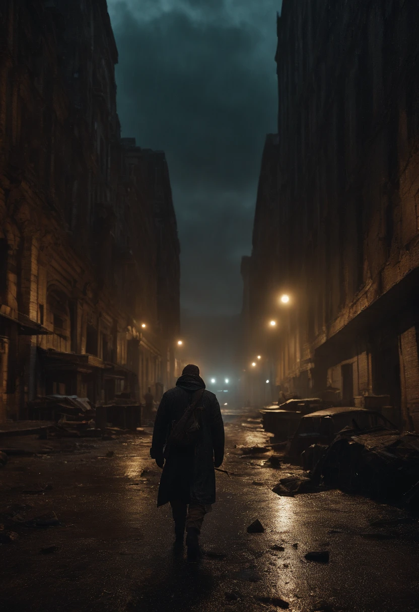 Cinematic shot in the style of Cristopher Nolan, A lone survivor in a post-apocalyptic city, wide shot with ruins in the background, it rained yesterday, dramatic lighting, intense and immersive atmosphere, dark, earthy tones, cinematic, epic realism,8K, highly detailed