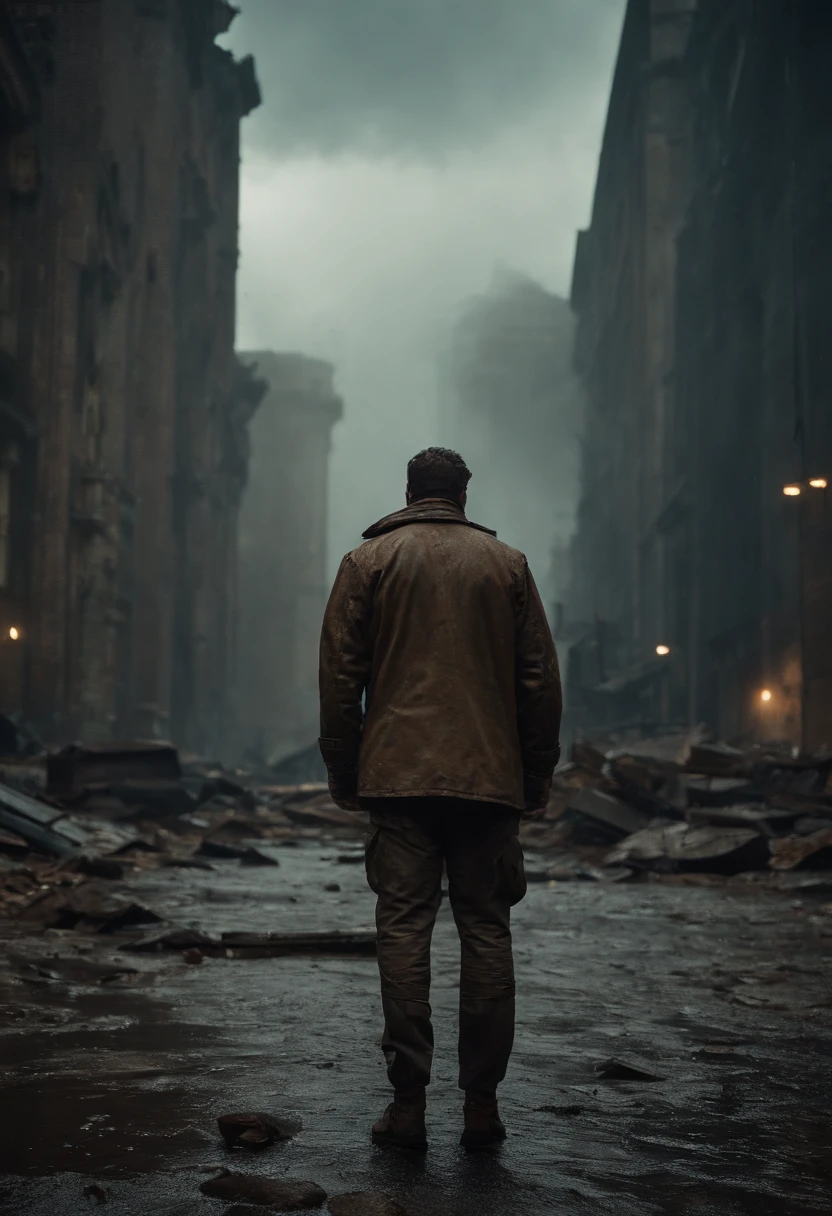 Cinematic shot in the style of Cristopher Nolan, A lone survivor in a post-apocalyptic city, wide shot with ruins in the background, it rained yesterday, dramatic lighting, intense and immersive atmosphere, dark, earthy tones, cinematic, epic realism,8K, highly detailed