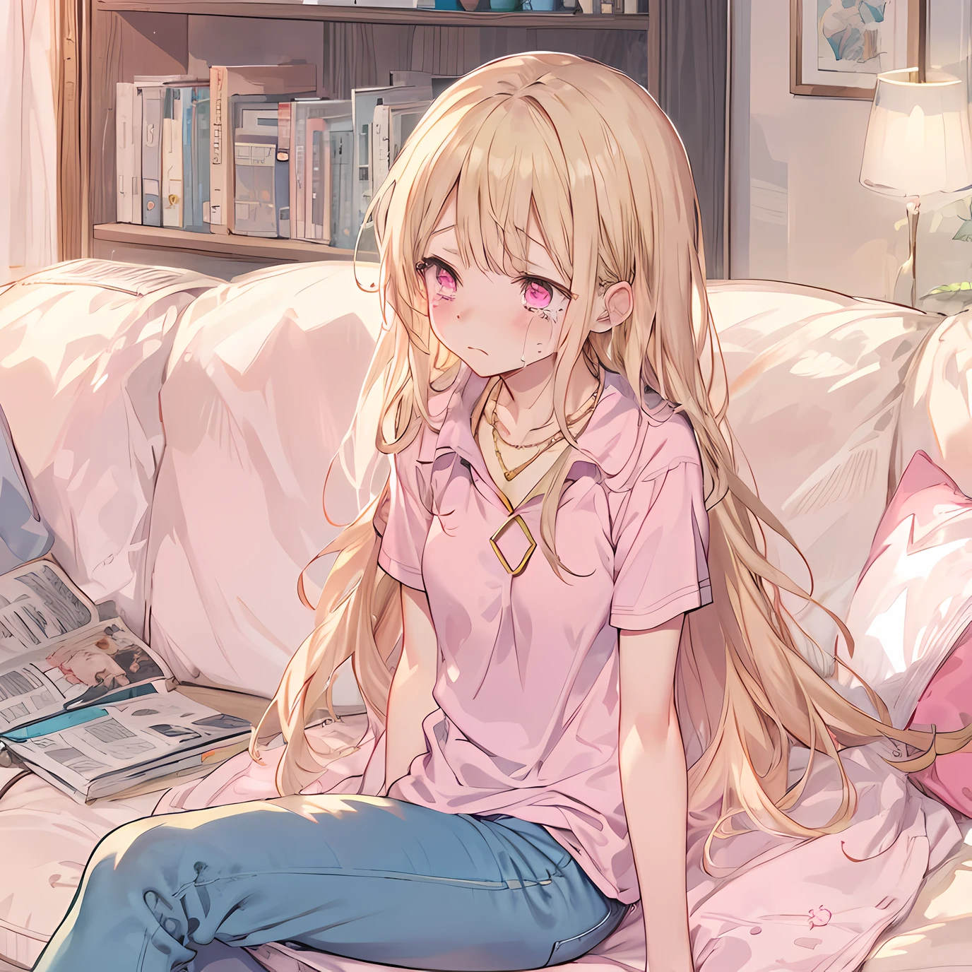 single girl, anime girl, pink shirt, jeans, long hair, blond hair, sad, crying, small boobs, living room setting, pink eyes, white sneakers, gold necklace, sitting on the couch crying