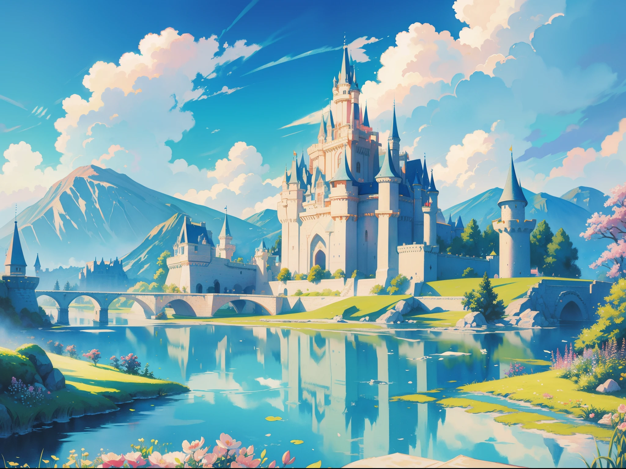 picture book illustration, watercolor storybook illustration, ((princess castle)), ((fairytale castle)), fairytale towers, clouds, vibrant pastel colors, dream, colorful, whimsical, magical, masterpiece, best quality, sharp focus, intricately detailed environment, fine detail, 8k resolution
