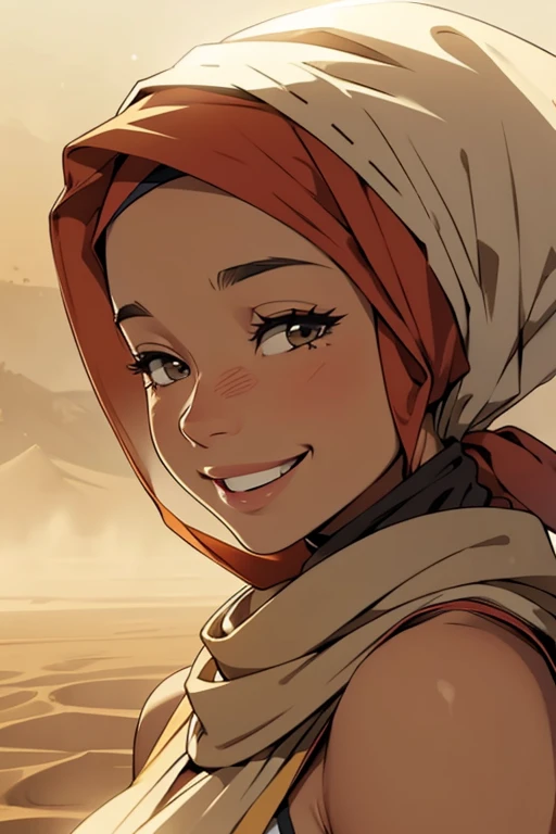 A happy woman wearing a headscarf during a sandstorm