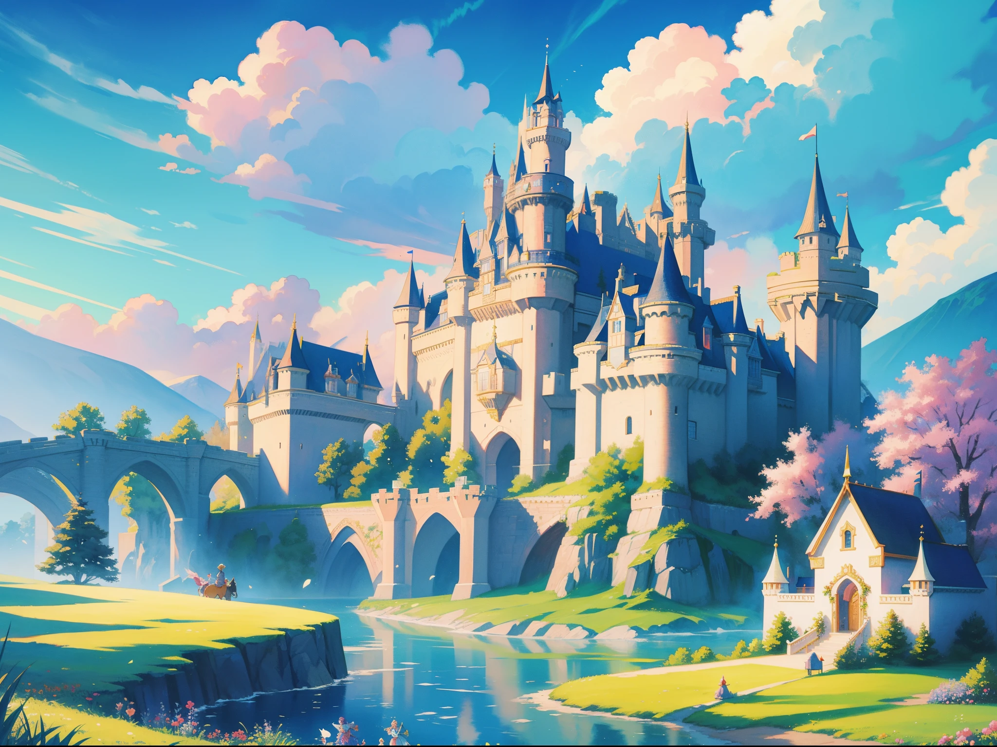 picture book illustration, watercolor storybook illustration, ((princess castle)), ((fairytale castle)), fairytale towers, clouds, vibrant pastel colors, dream, colorful, whimsical, magical, masterpiece, best quality, sharp focus, intricately detailed environment, fine detail, 8k resolution