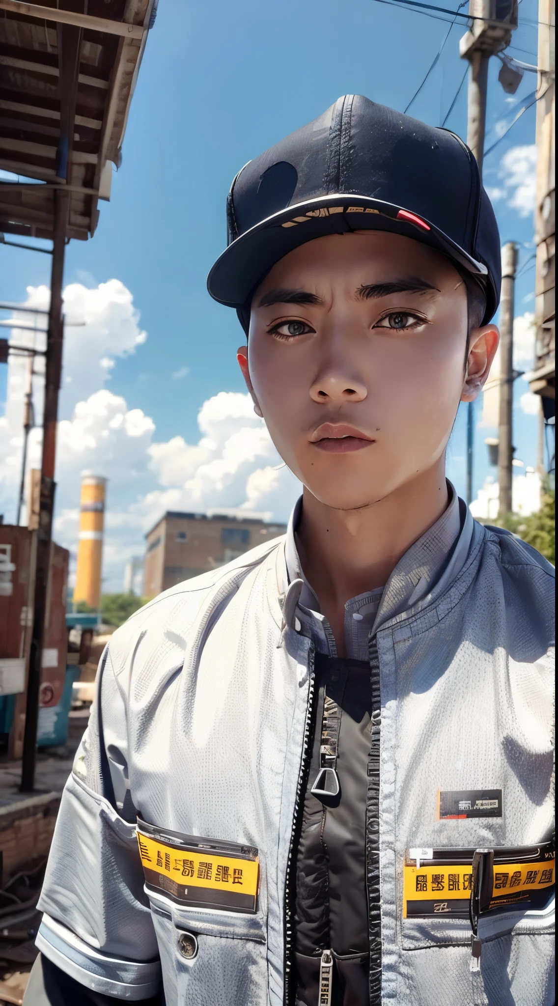 of a man，Close-up of the upper body，wearing work clothes、Hip-hop costumes，Abandoned factory building in the background