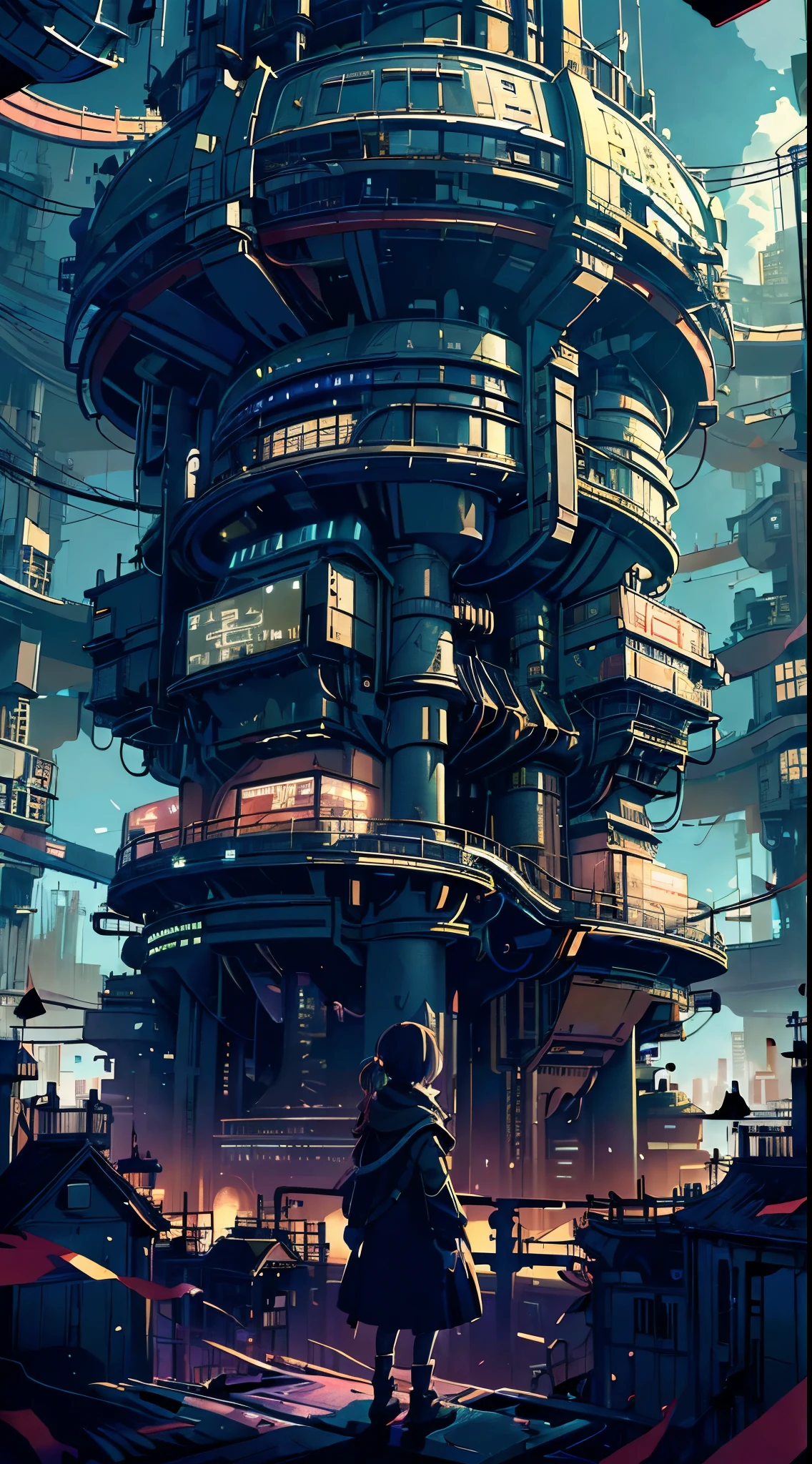 A ray of hope in a dystopia、A young girl wanders into a dark Chinese skyscraper、One little girl's back in the back center of the screen、Very complex cityscape、A devastated world、Pulling composition、industrial、High-definition depiction、A city lined with electric wires、Magic Hour、Make a story with 4 sheets