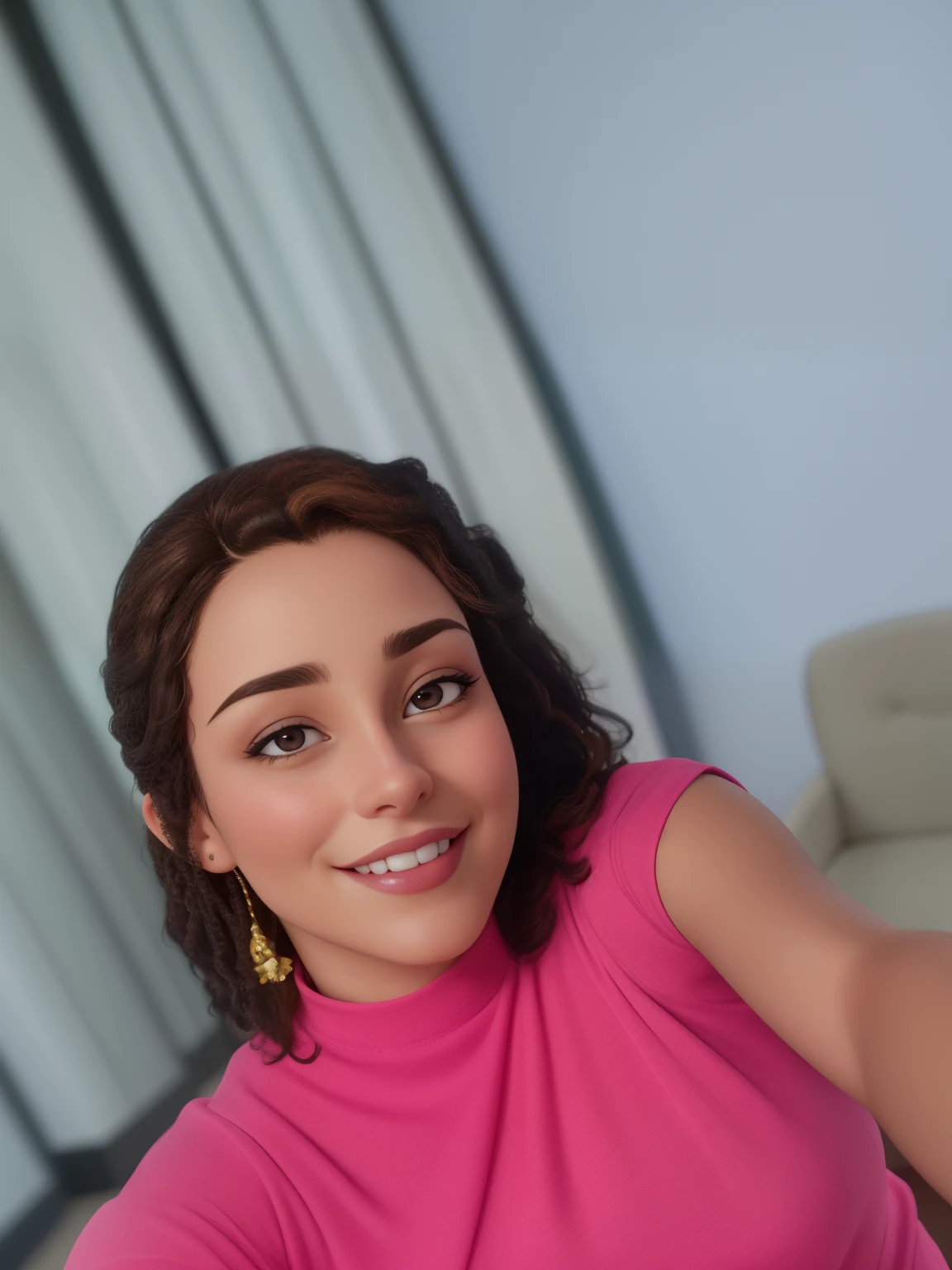 Uma mulher de 25 anos, com longos cabelos castanhos escuros, pele clara, sorriso encantador, e olhos castanhos, in an art lobby, studio lighting, sign language interpreter and sign language teacher. She's wearing black clothes, blouse and black jeans, with white blazer. Professional of tourism.