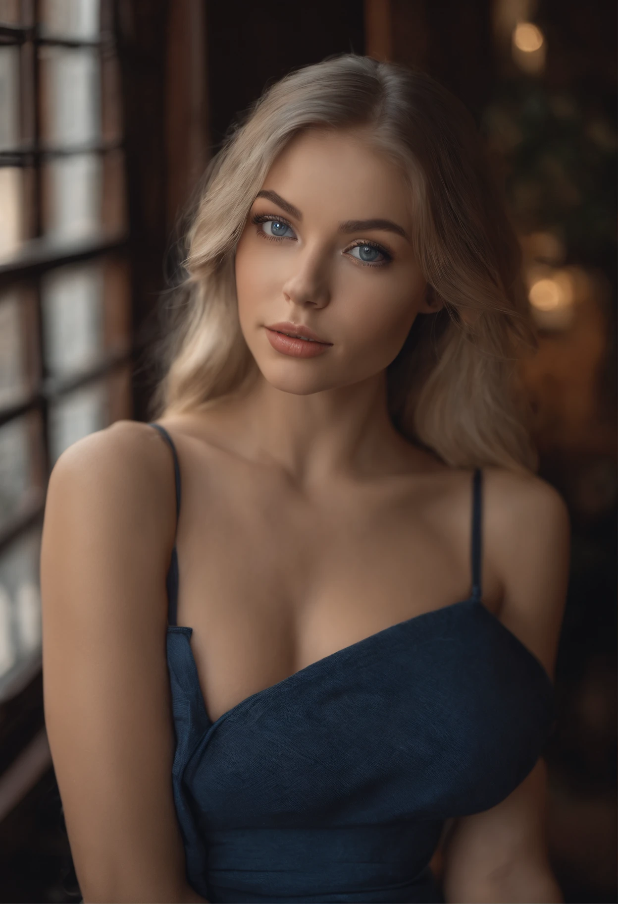 arafed woman fully , sexy girl with blue eyes, ultra realistic, meticulously detailed, portrait sophie mudd, blonde hair and large eyes, selfie of a young woman, bedroom eyes, violet myers, without makeup, natural makeup, looking directly at the camera, face with artgram, subtle makeup, stunning full body shot standing outside a restuarant, large hips, very large bust, wearing a smart dress