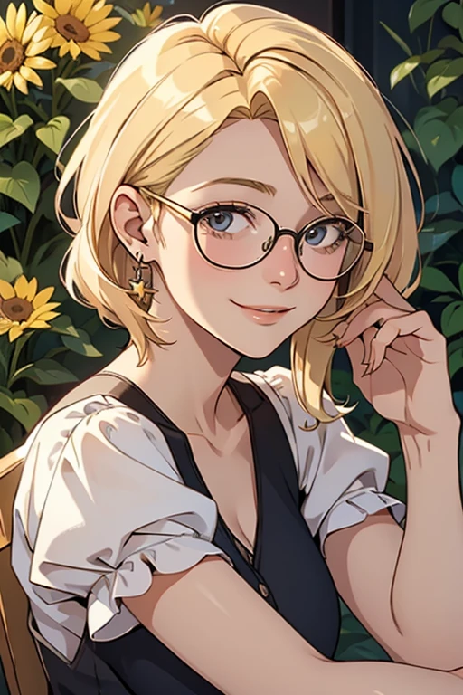 a gorgeous, 21 Jahre alte Frau oben ohne mit kurzen, gewellten blonden Haaren, Sommersprossen, Wearer of glasses, happy expression