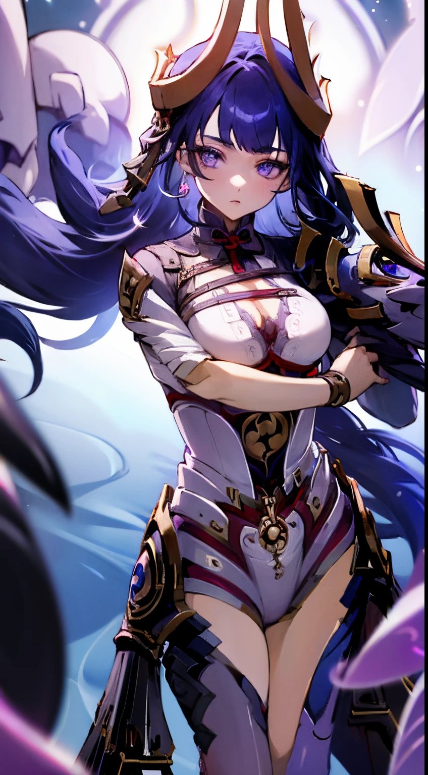 1 girl, , big boobs, nipples, sword in hand, navel, pubic hair, shiny skin