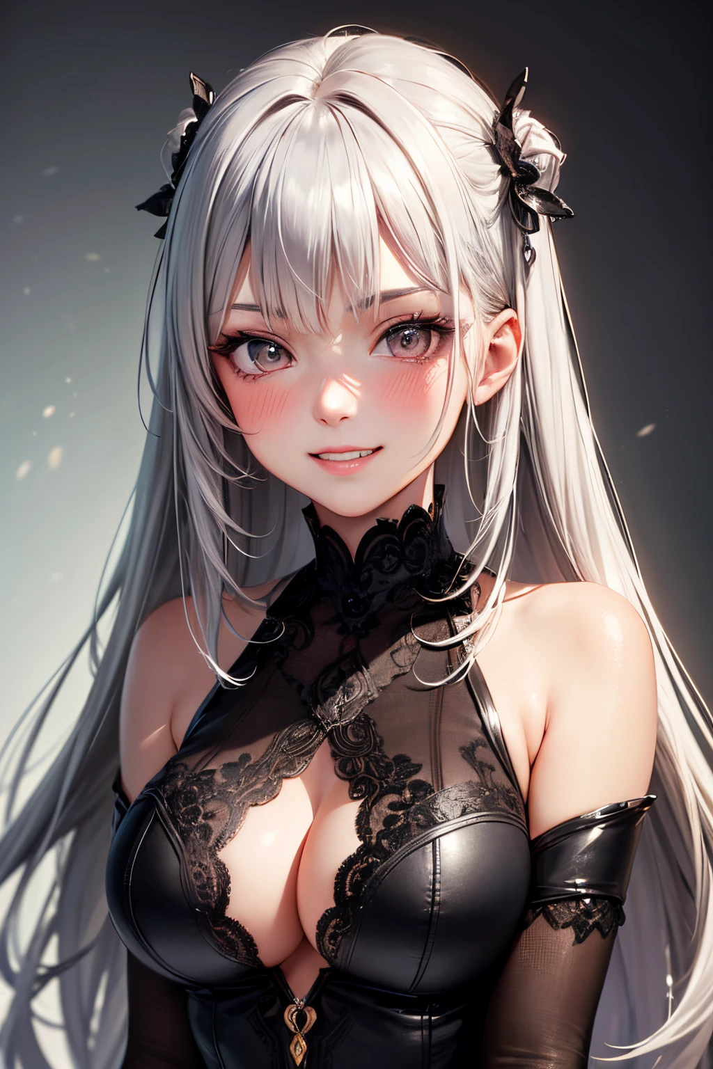 (masterpiece), (best quality), (ultra-detailed), 1girl, Silver hairs, Cute, Blush, Evil Grin, Brown eyes, Detailed Face, Properly drawn face, High quality eyes, Big boobs, 20 years old girl, cleavage