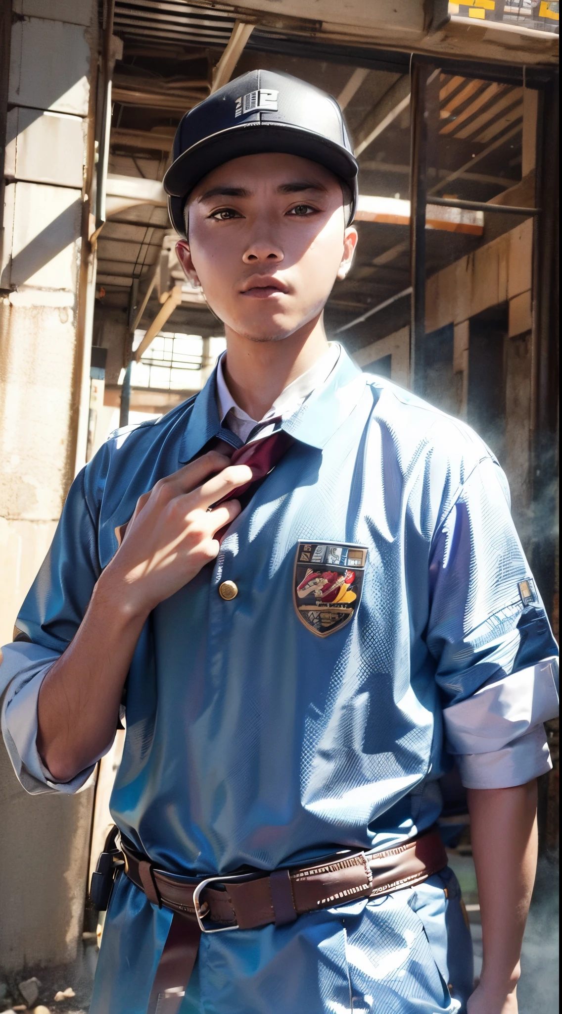 of a man，upperbody closeup，wearing work clothes、Hip-hop costumes，Abandoned factory building in the background