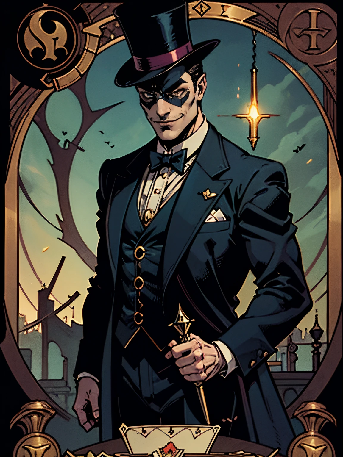 masterpiece, (dark:1.4), 1 man, short hair, suit, top hat, magician half mask, tarot card /style/, detailed, evil smirk, holding wand,